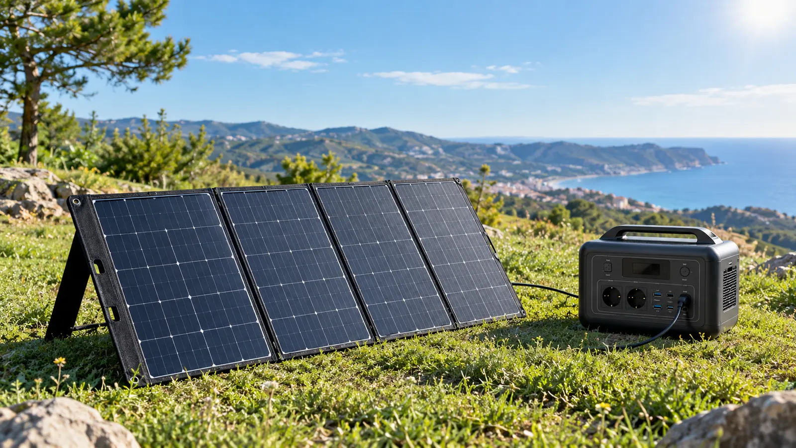Panel solar plegable desplegado sobre la hierba y conectado a una estación de energía portátil