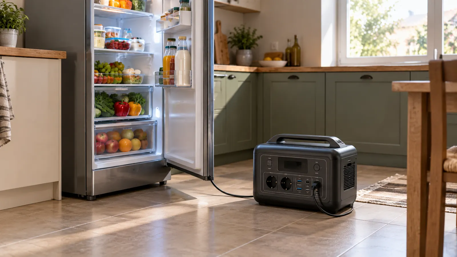 Frigorífico abierto con un cable conectado a una estación de energía portátil en el suelo de la cocina
