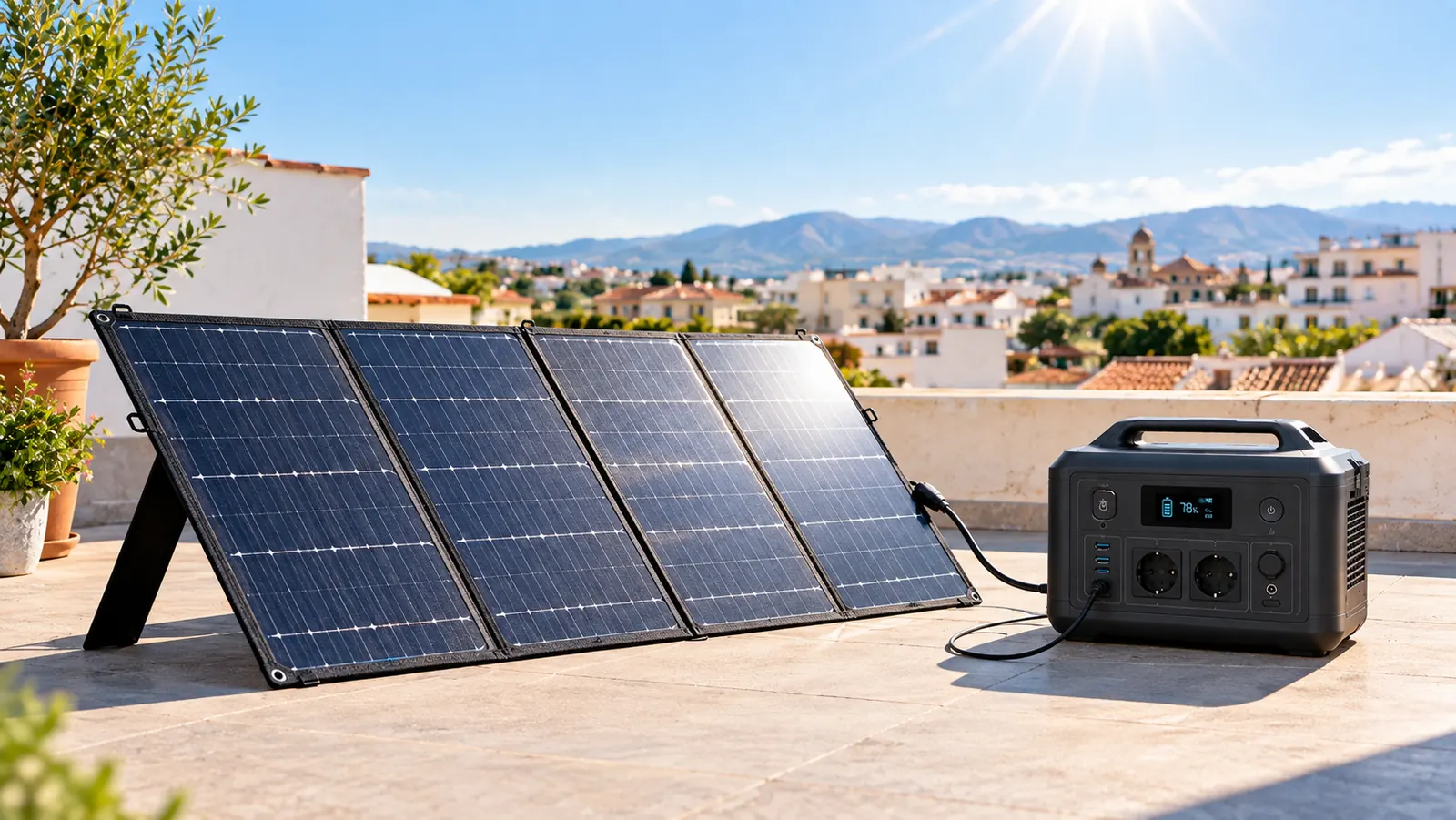 Panel solar portátil orientado al sol en una terraza soleada con sombras cortas de mediodía