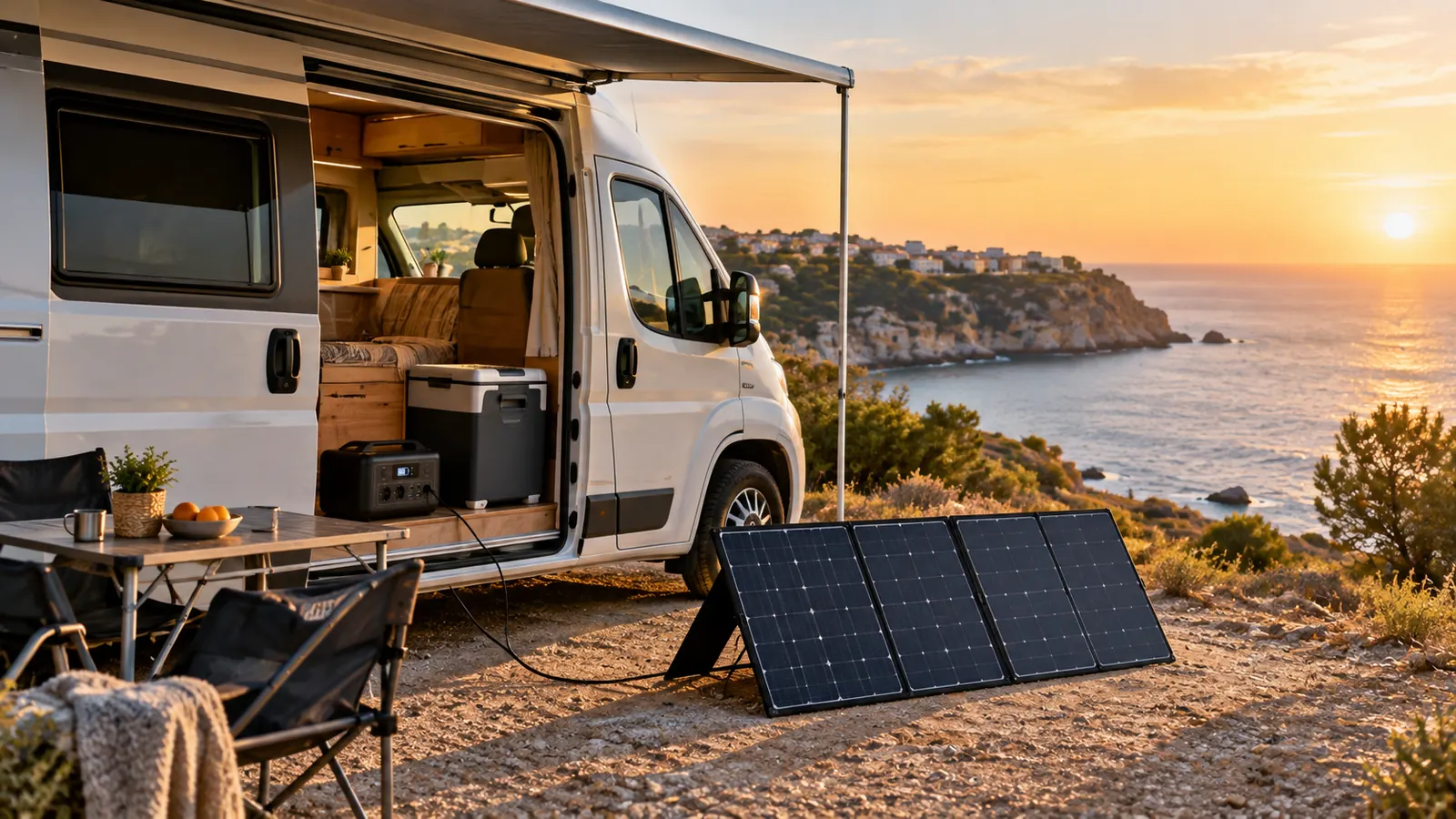 Furgoneta camper aparcada junto al mar con un panel solar plegable conectado a una estación de energía