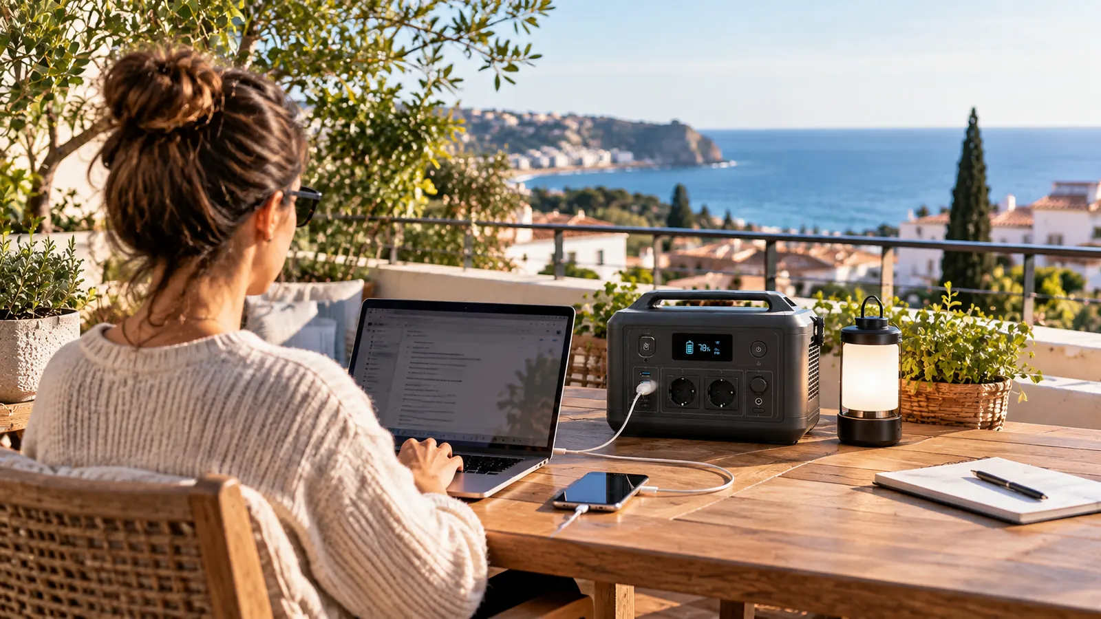 Persona trabajando con un portátil en una mesa al aire libre junto a una estación de energía portátil
