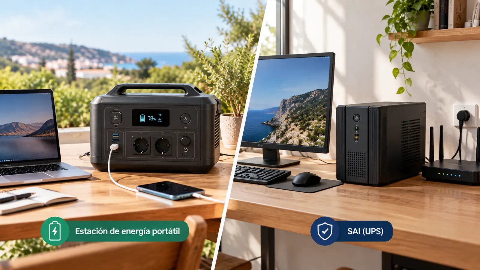 SAI de escritorio junto a una estación de energía portátil, ambos conectados a un ordenador y un router