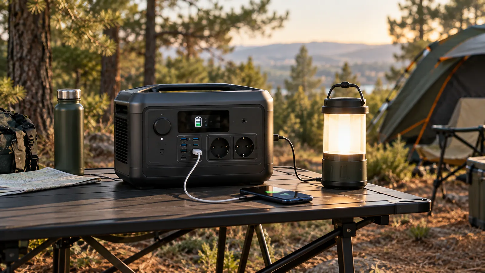 Estación de energía compacta cargando un móvil y una lámpara LED sobre una mesa de camping