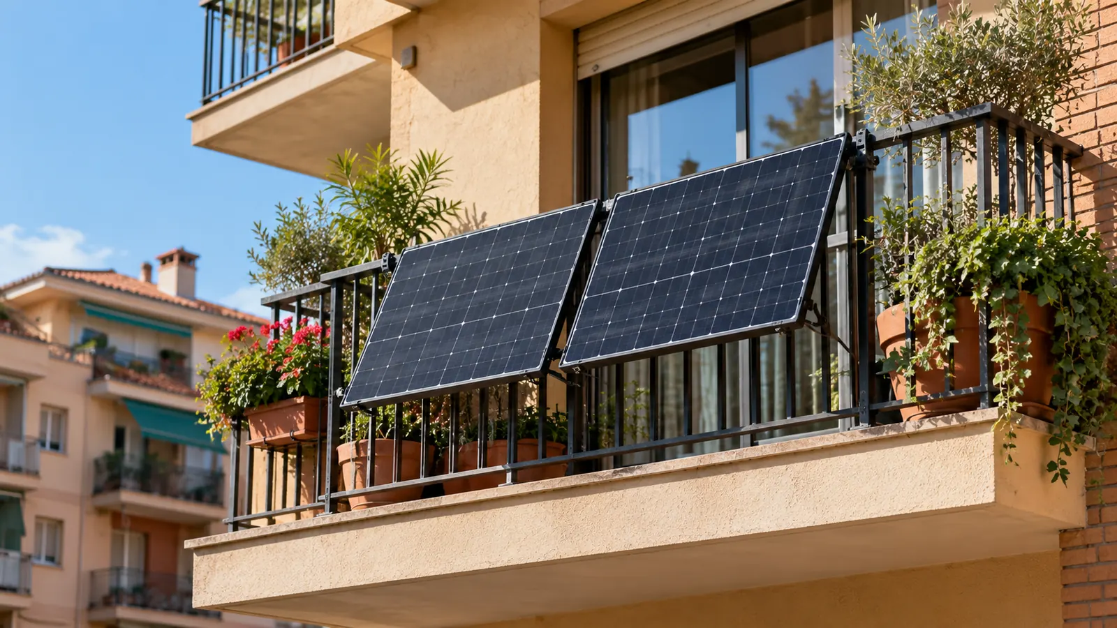 Balcón de un piso urbano con dos paneles solares colgados de la barandilla