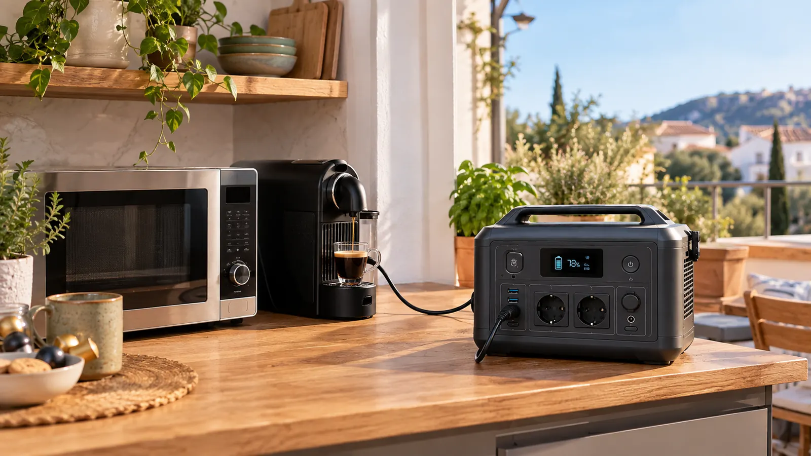 Cafetera de cápsulas y microondas en una encimera conectados a una estación de energía portátil