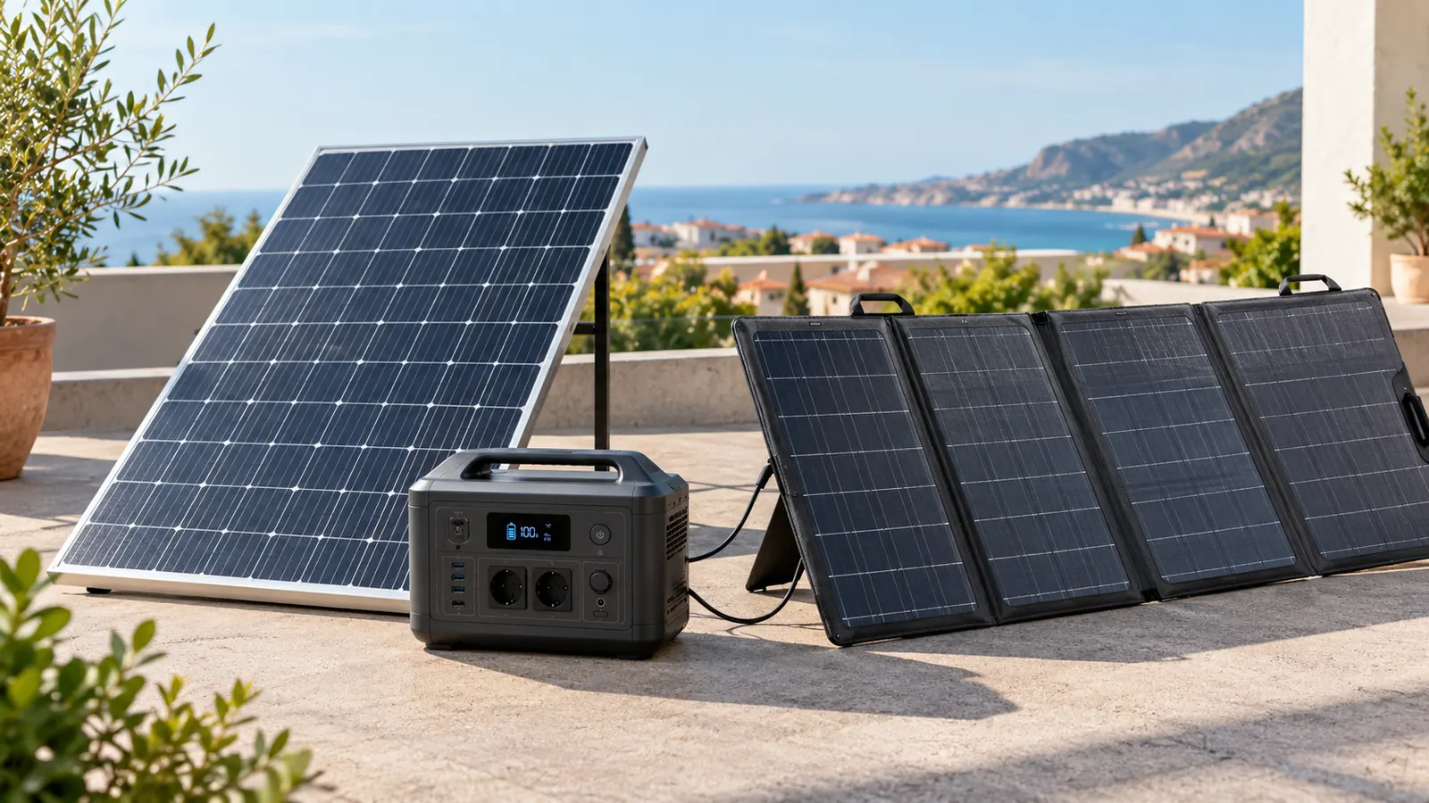 Panel solar rígido de marco de aluminio junto a un panel solar plegable desplegado en una terraza