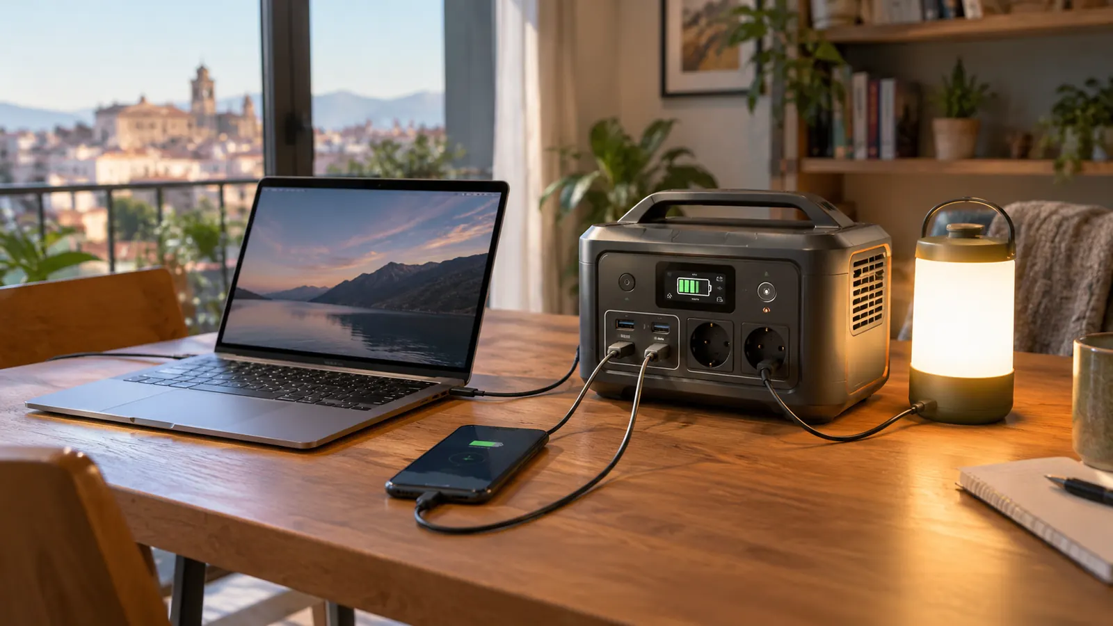 Estación de energía portátil sobre una mesa con varios aparatos conectados a sus enchufes y puertos USB